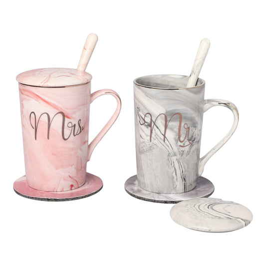 Priiba Coffee Mug, Marriage Gifts for Wedding, Couple Gift, Diwali Gift, Mr & Mrs Set of 2 Coffee Mugs, Lids, Ceramic Spoons, Coasters, Best Wishes Card and Beautiful Carry Bag (380ml-Ceramic)