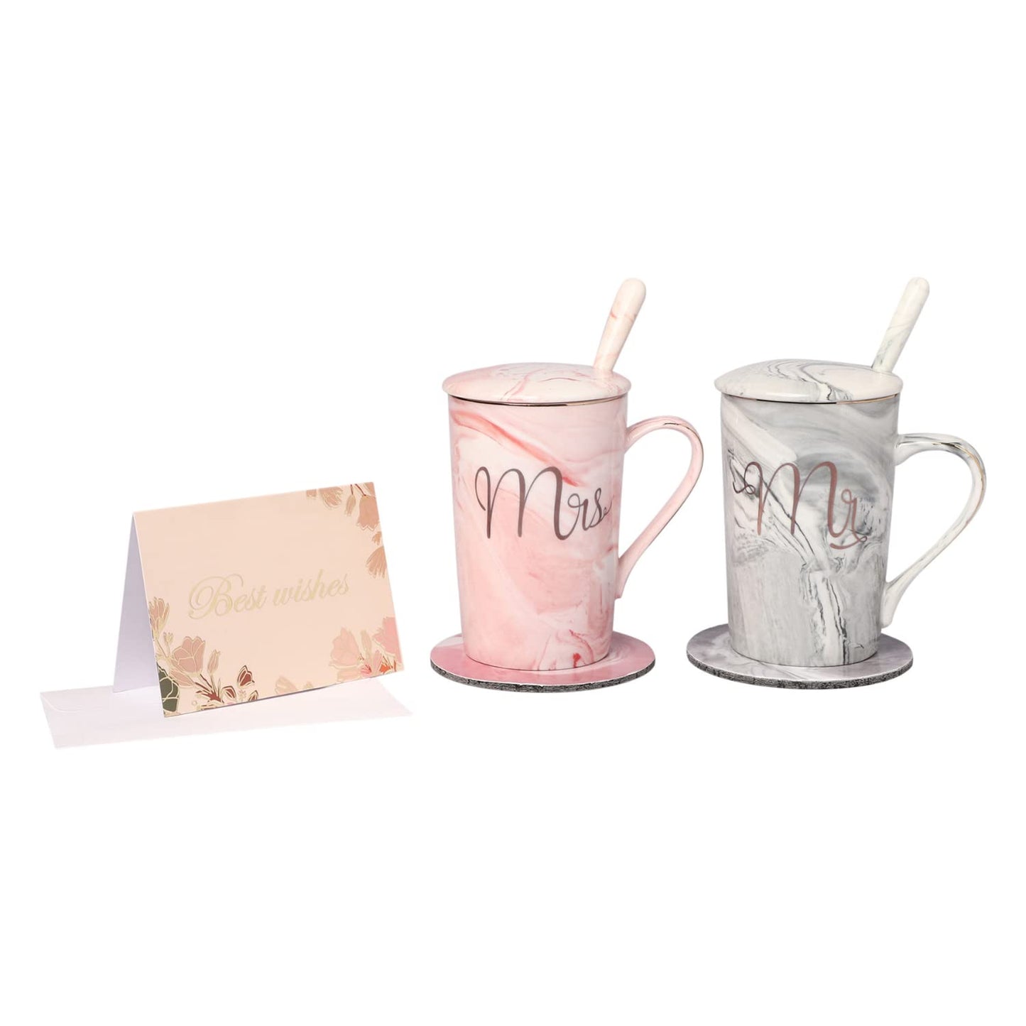 Priiba Coffee Mug, Marriage Gifts for Wedding, Couple Gift, Diwali Gift, Mr & Mrs Set of 2 Coffee Mugs, Lids, Ceramic Spoons, Coasters, Best Wishes Card and Beautiful Carry Bag (380ml-Ceramic)