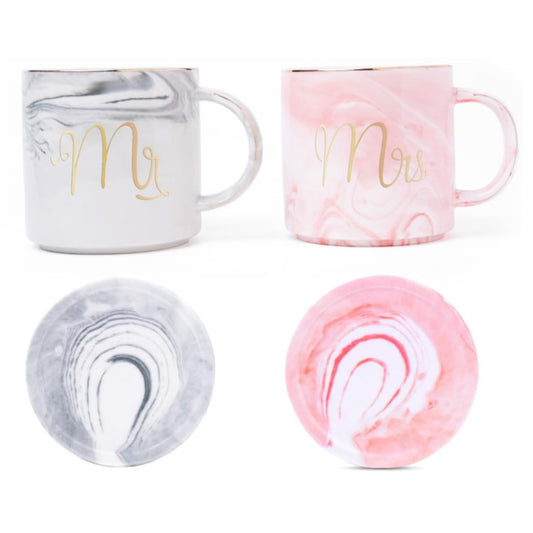 Priiba Coffee Mug, Marriage Gifts for Wedding, Couple Gift, Diwali Gift, Mr & Mrs Set of 2 Coffee Mugs, Lids, Ceramic Spoons, Coasters, Best Wishes Card and Beautiful Carry Bag (250ml-Ceramic)