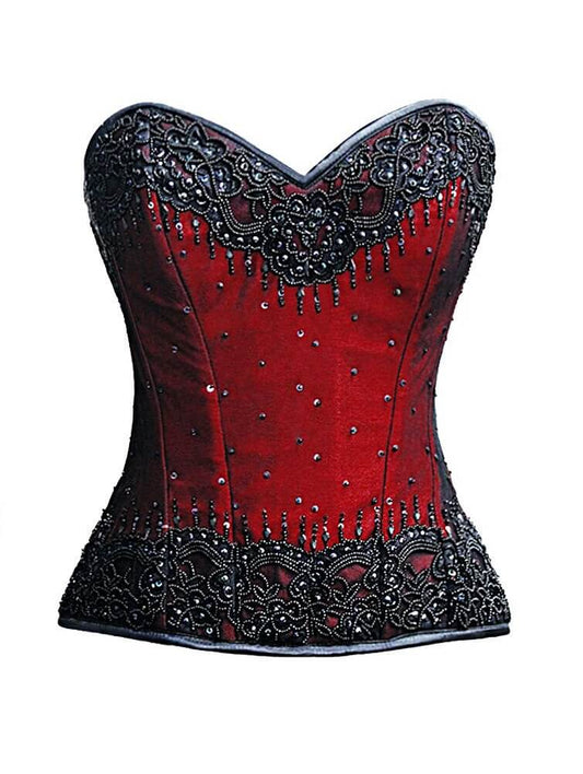 Priiba Red Satin Black Handmade Sequins Burlesque Corset Waist Training Overbust