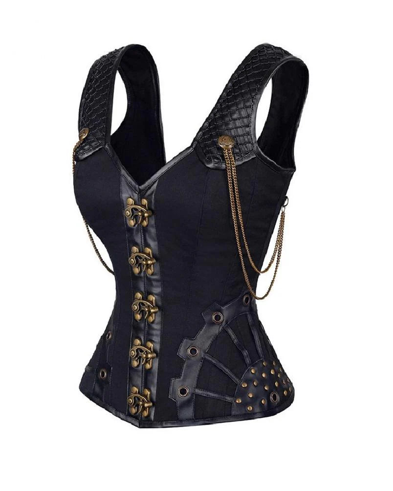 Priiba Green Black Brocade Shoulder Strap Overbust Corset Waist Training Burlesque Mardi Gras Costume