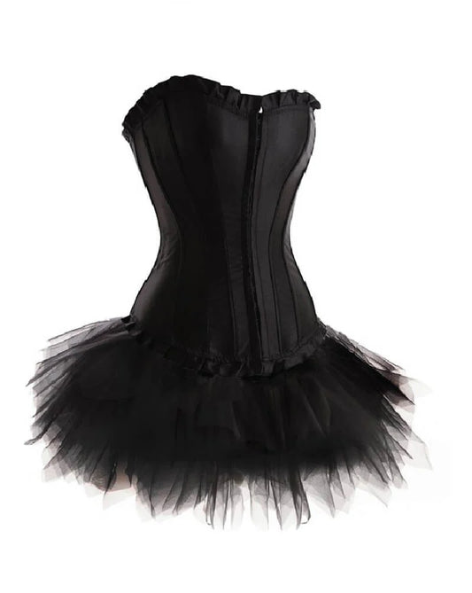 Priiba Women’s Black Satin Black Tutu Skirt Gothic Valentine Burlesque Bustier Waist Training Costume Overbust Corset Dress