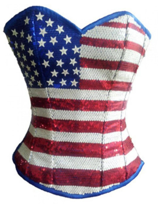 Priiba Blue Satin Red White Sequins USA Flag Handwork Bustier Waist Training Overbust Corset Top