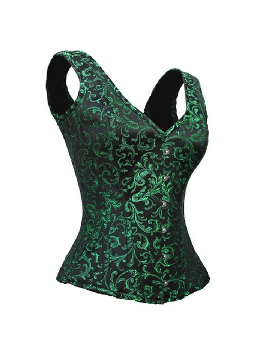 Priiba Green Black Brocade Shoulder Strap Overbust Corset Waist Training Burlesque Mardi Gras Costume