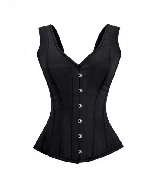 Priiba Black Satin Overbust Corset with Shoulder Straps Corset Top for Women