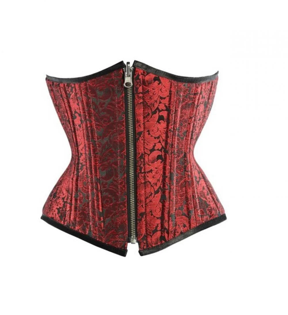 Priiba Red Black Brocade Zipper Double Bone Underbust Corset Waist Training Costume