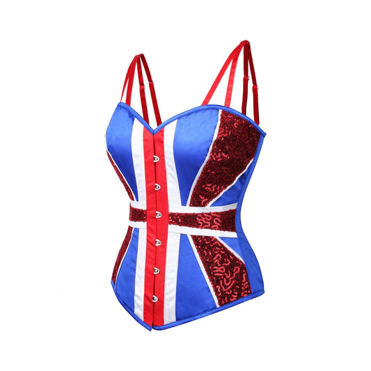 Priiba Blue And White Satin With Red Sequins UK Flag Goth Burlesque Overbust Corset